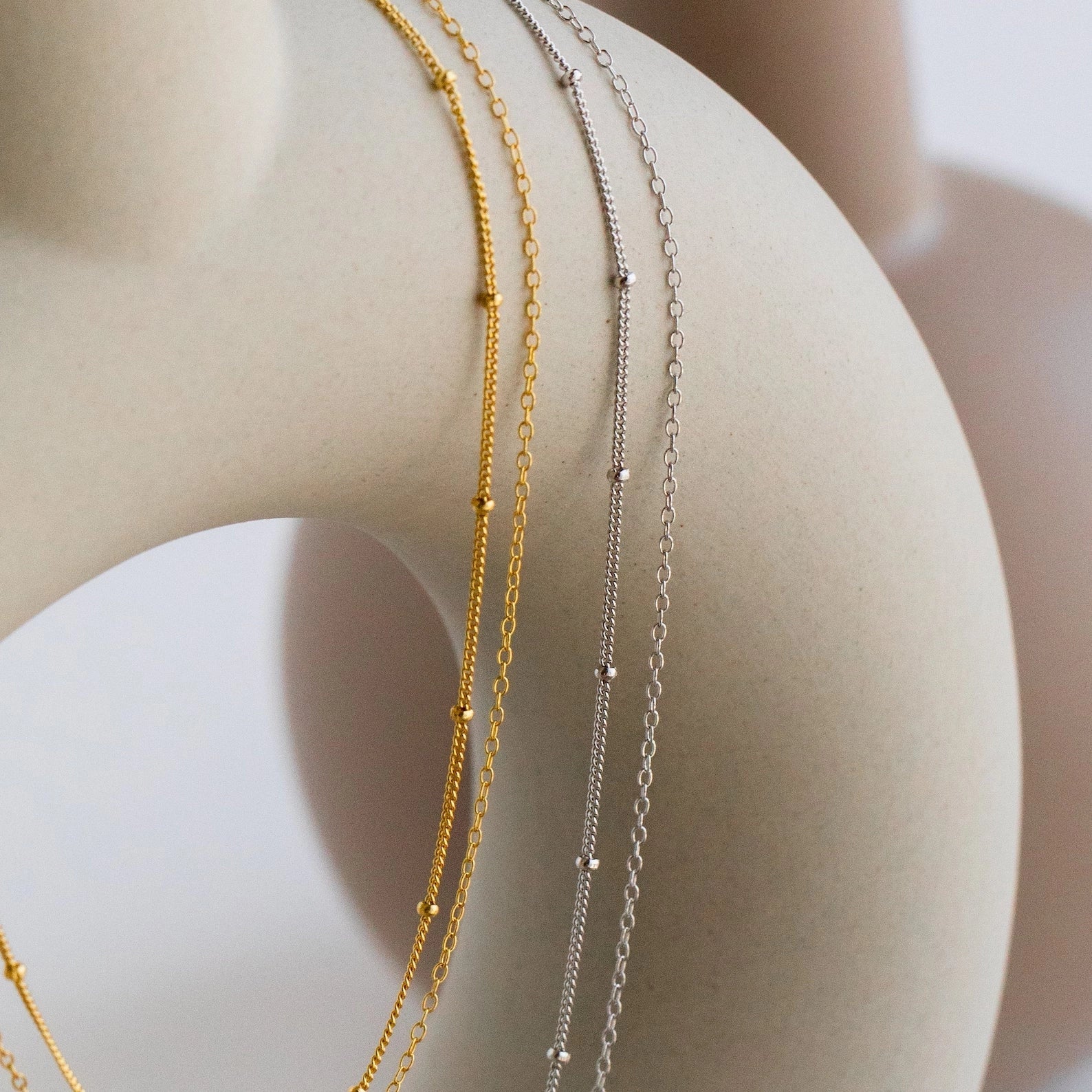 Beaded Duo Chain Necklace Silver 18K Gold Plated
