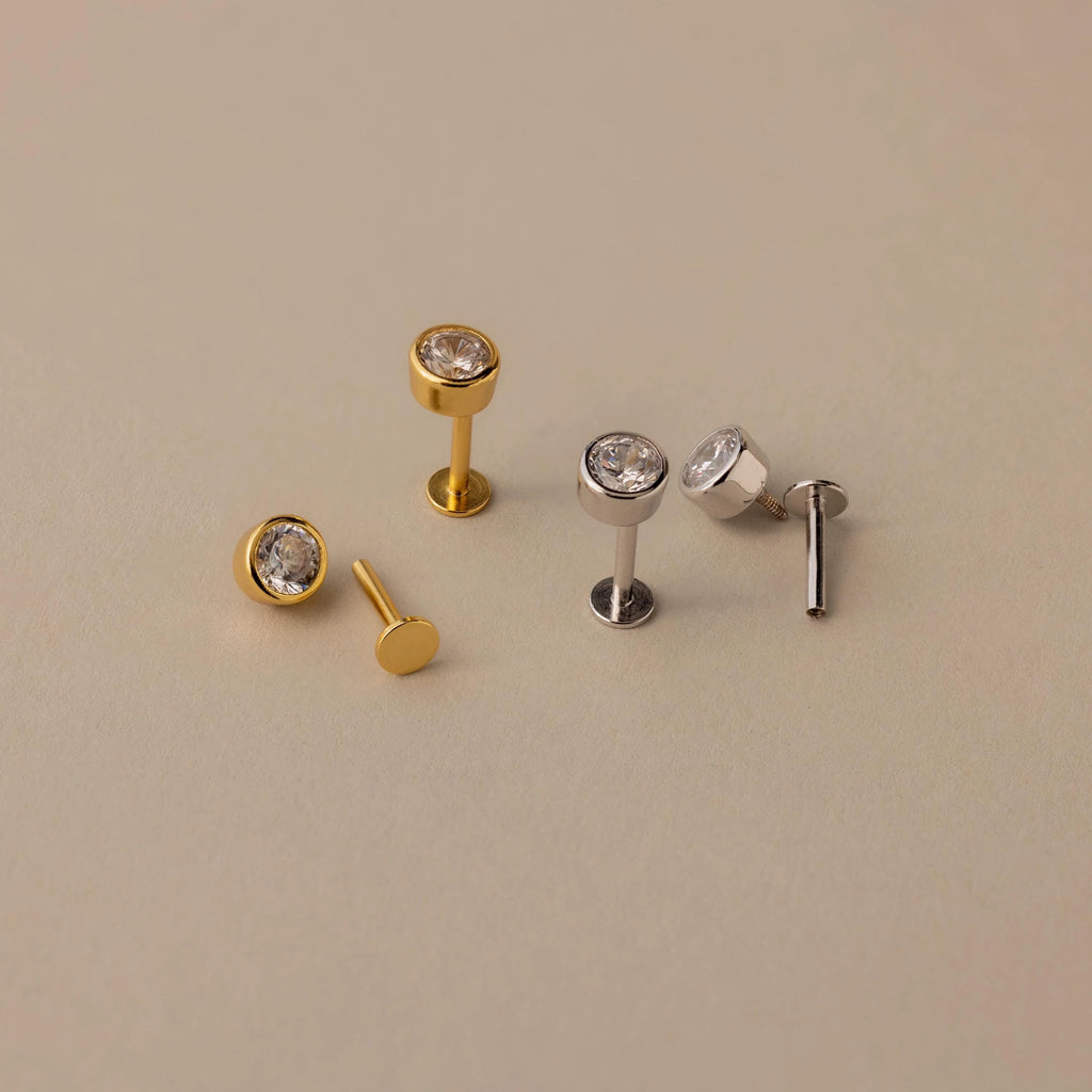 Diamond Bezel Flatback Studs Silver 18K Gold Plated