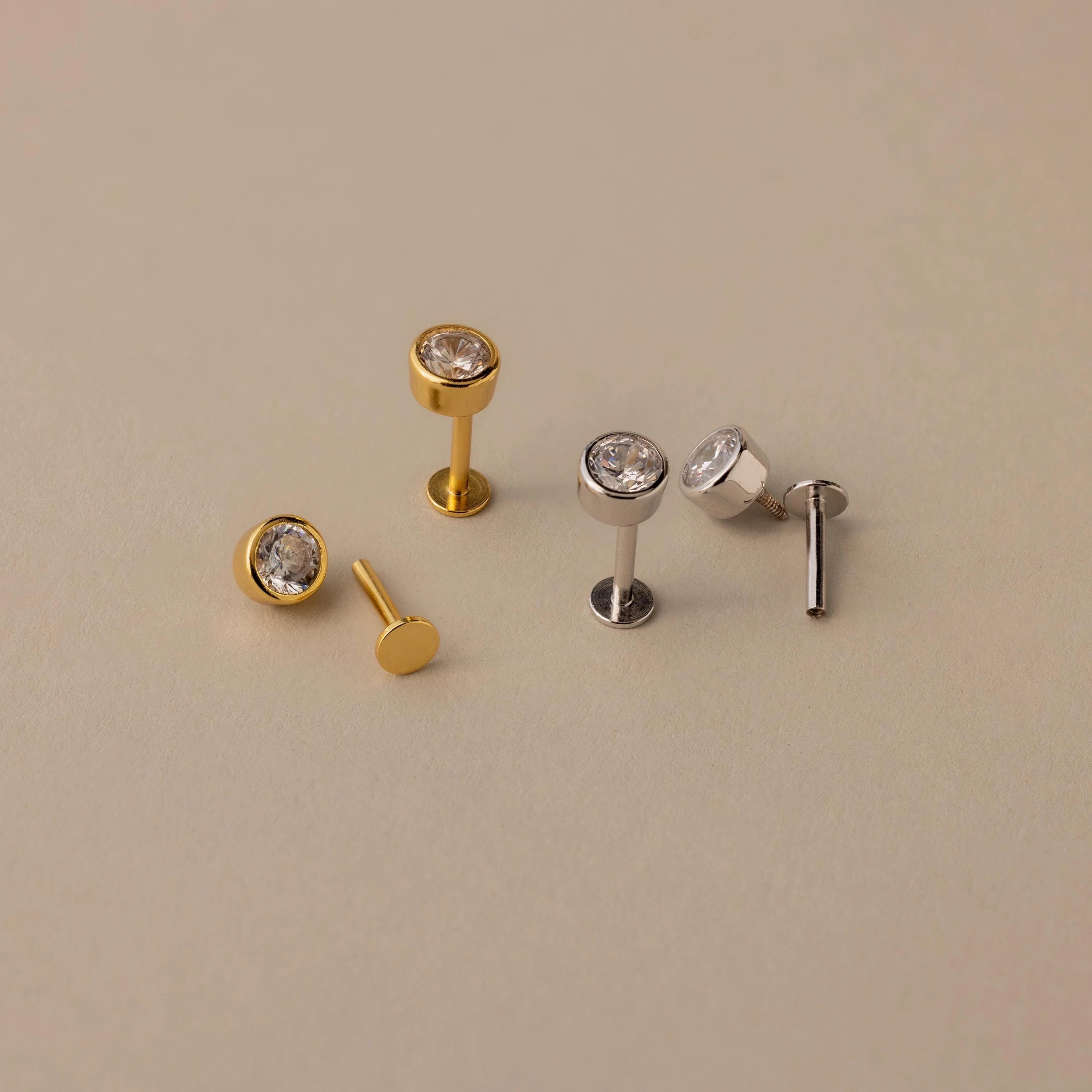 Diamond Bezel Flatback Studs Silver 18K Gold Plated