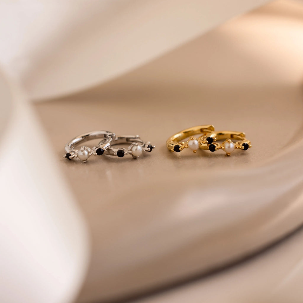 Pearl & Onyx Huggies Silver 18K Gold Plated