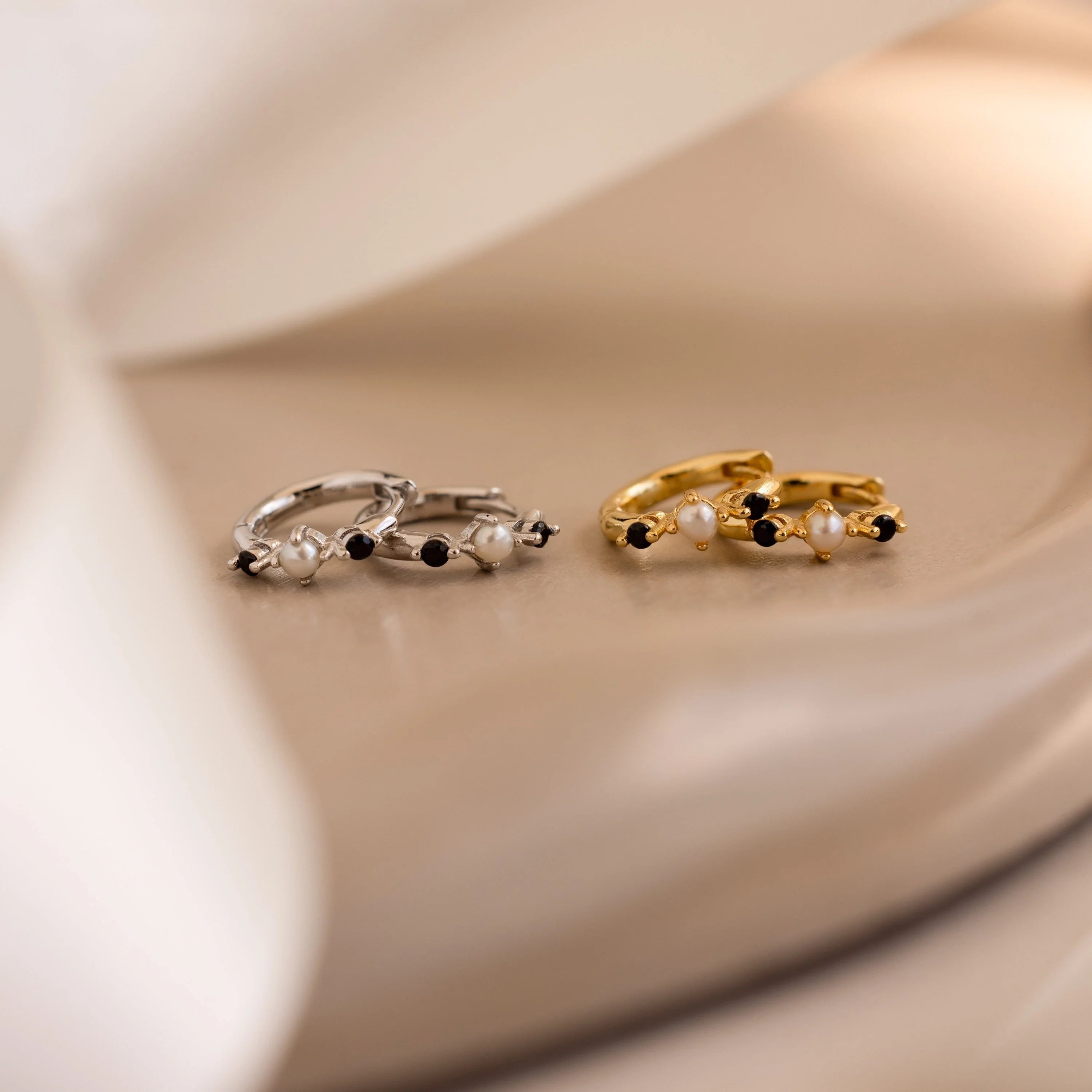 Pearl & Onyx Huggies Silver 18K Gold Plated