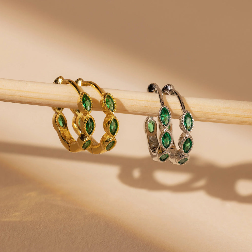 Emerald Marquise Inlay Huggies Silver 18K Gold Plated