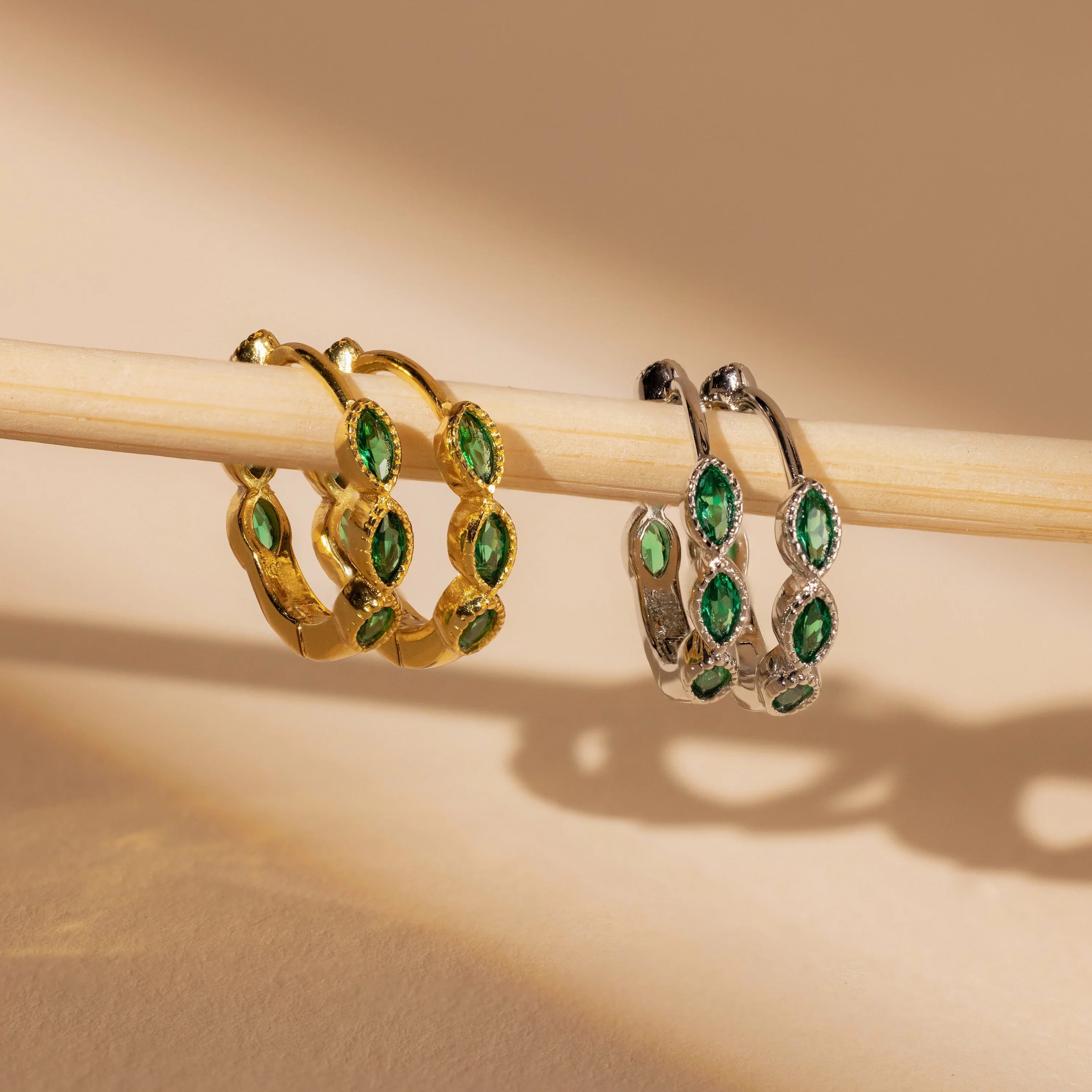 Emerald Marquise Inlay Huggies Silver 18K Gold Plated