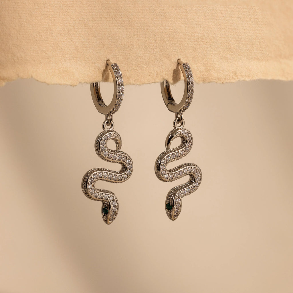 Pave Snake Charm Hoops Silver 18K Gold Plated