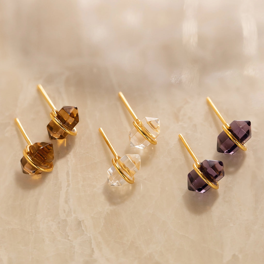 Smoky Quartz Glass Stones Studs Silver 18K Gold Plated