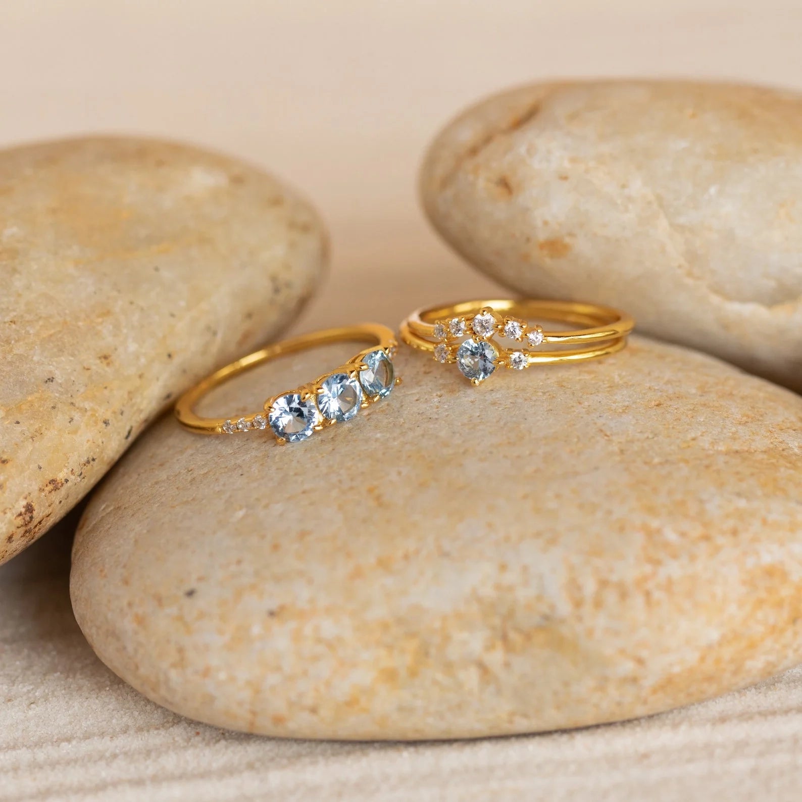 Aquamarine Stacking Ring Set Silver 18K Gold Plated