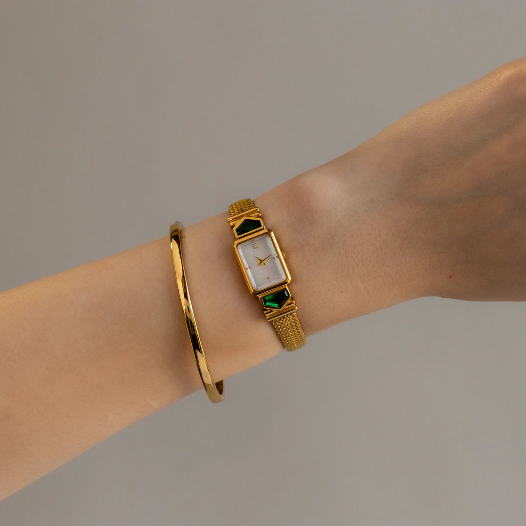 Vintage The Franklin Mint Emerald Gold Watch Silver 18K Gold Plated