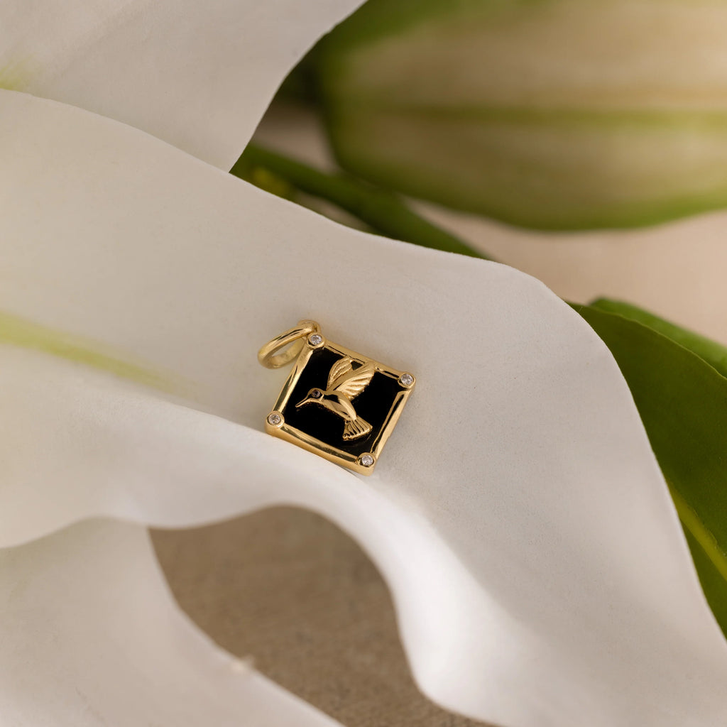 Diamond Onyx Hummingbird Charm Silver 18K Gold Plated