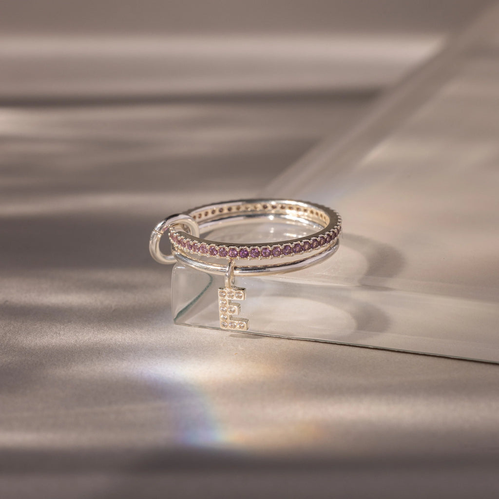 Pave Initial Alexandrite Linked Ring Set Silver 18K Gold Plated