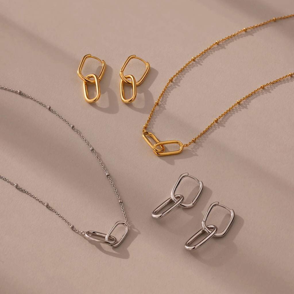 Linked Charm Necklace and Earrings Set Silver 18K Gold Plated