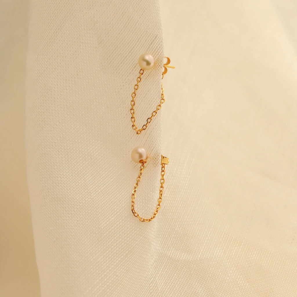 Pearl Chain Studs Silver 18K Gold Plated