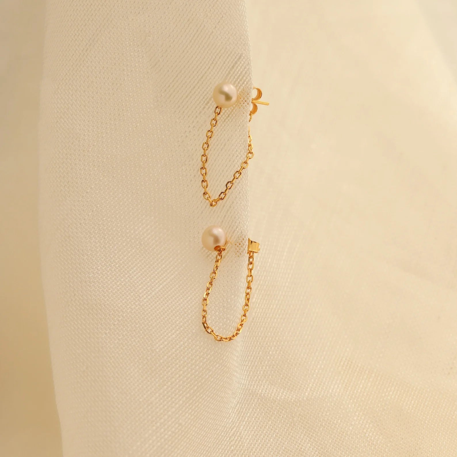 Pearl Chain Studs Silver 18K Gold Plated