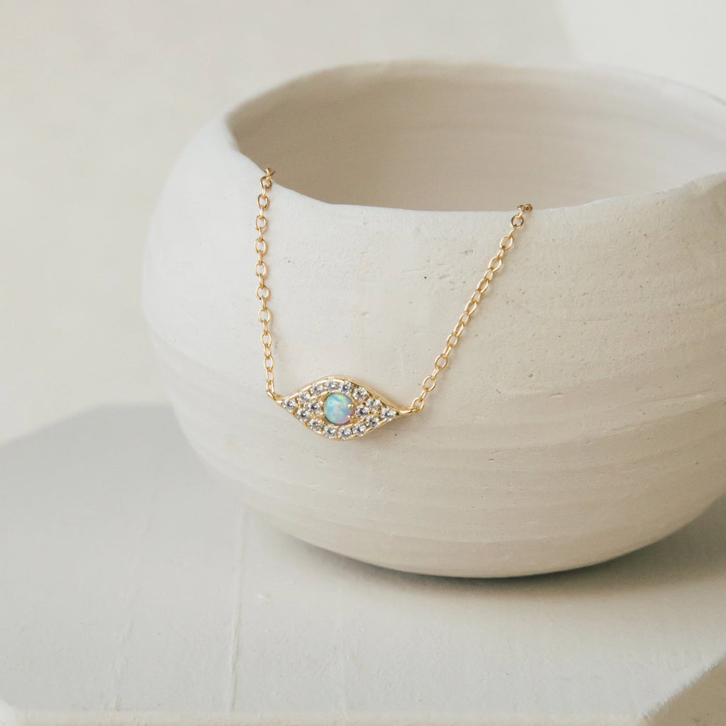 Opal Pave Eye Charm Necklace Silver 18K Gold Plated