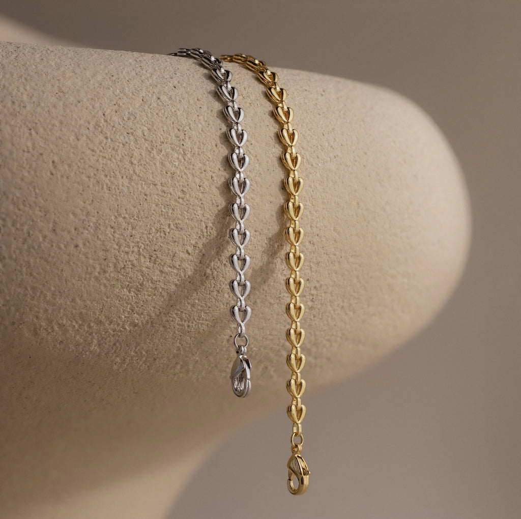 Heart Link Bracelet Silver 18K Gold Plated