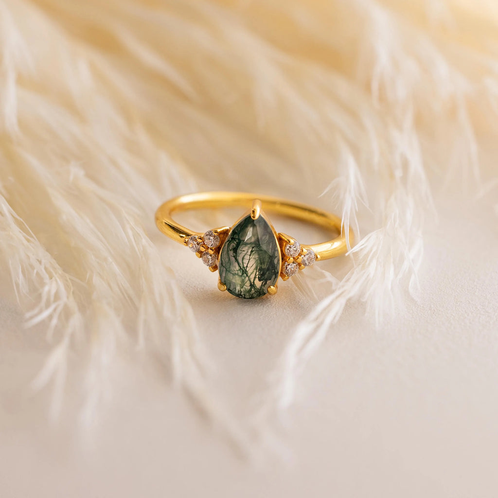 Moss Agate Teardrop Ring Silver 18K Gold Plated