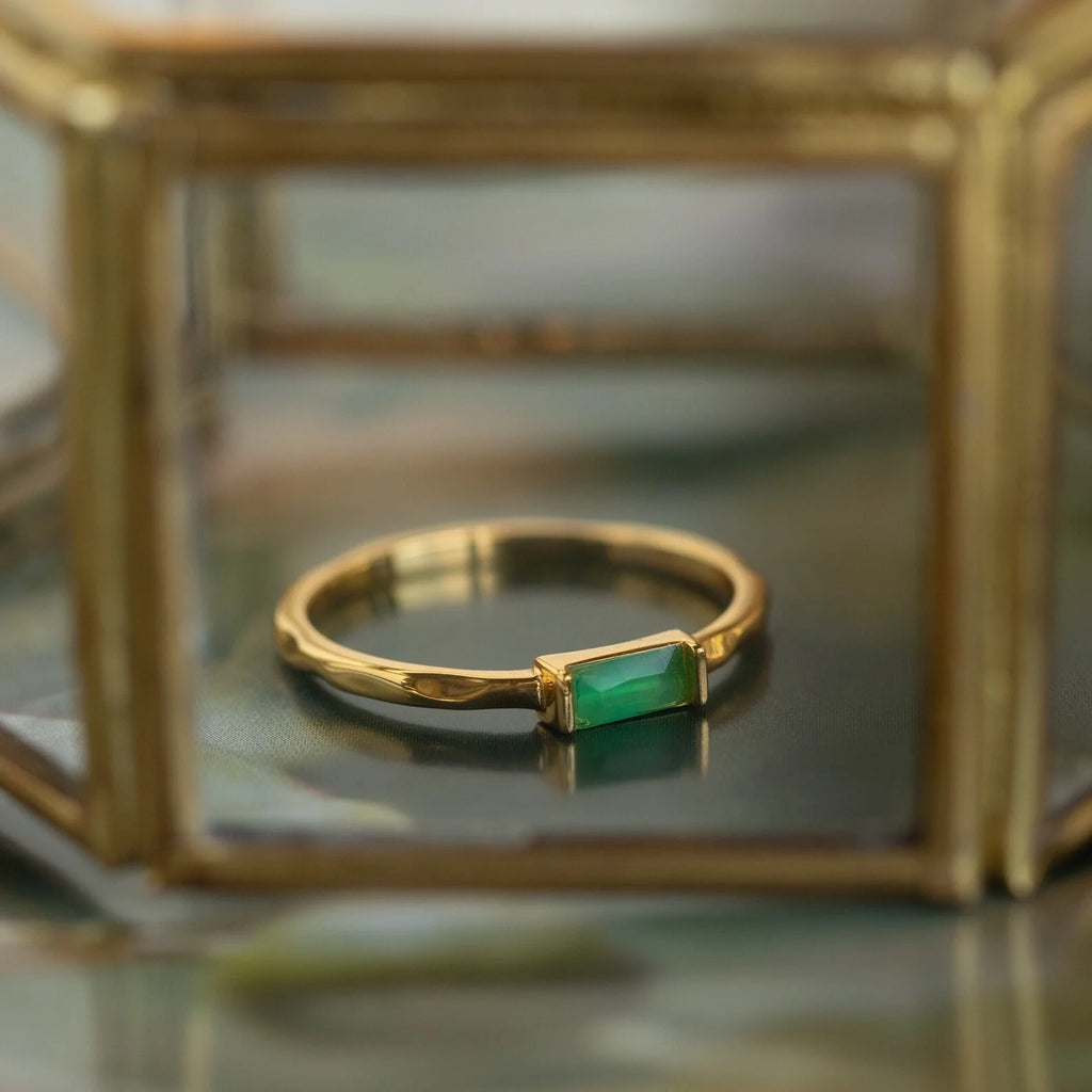 Jade Baguette Ring Silver 18K Gold Plated