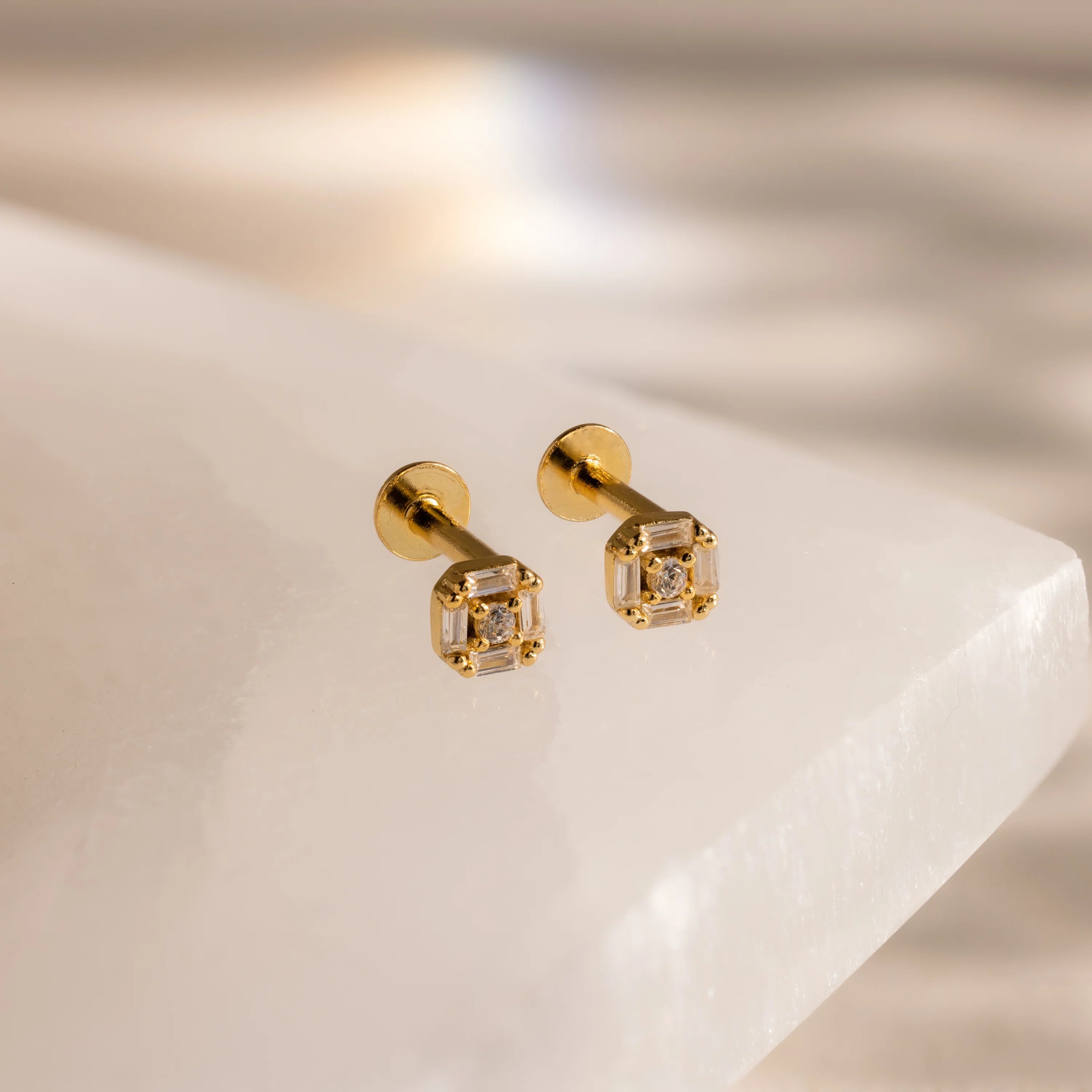 Diamond Art Deco Flatback Studs Silver 18K Gold Plated