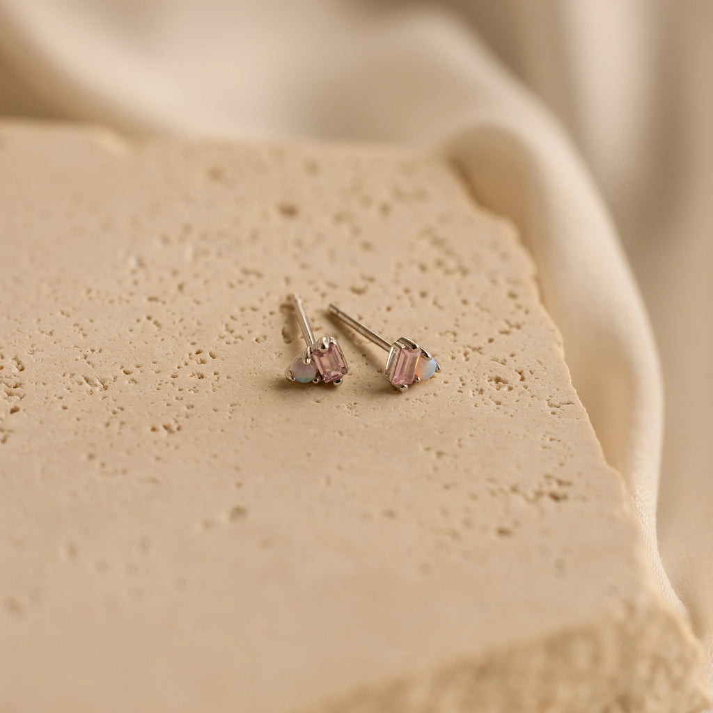 Pink Tourmaline Opal Studs Silver 18K Gold Plated