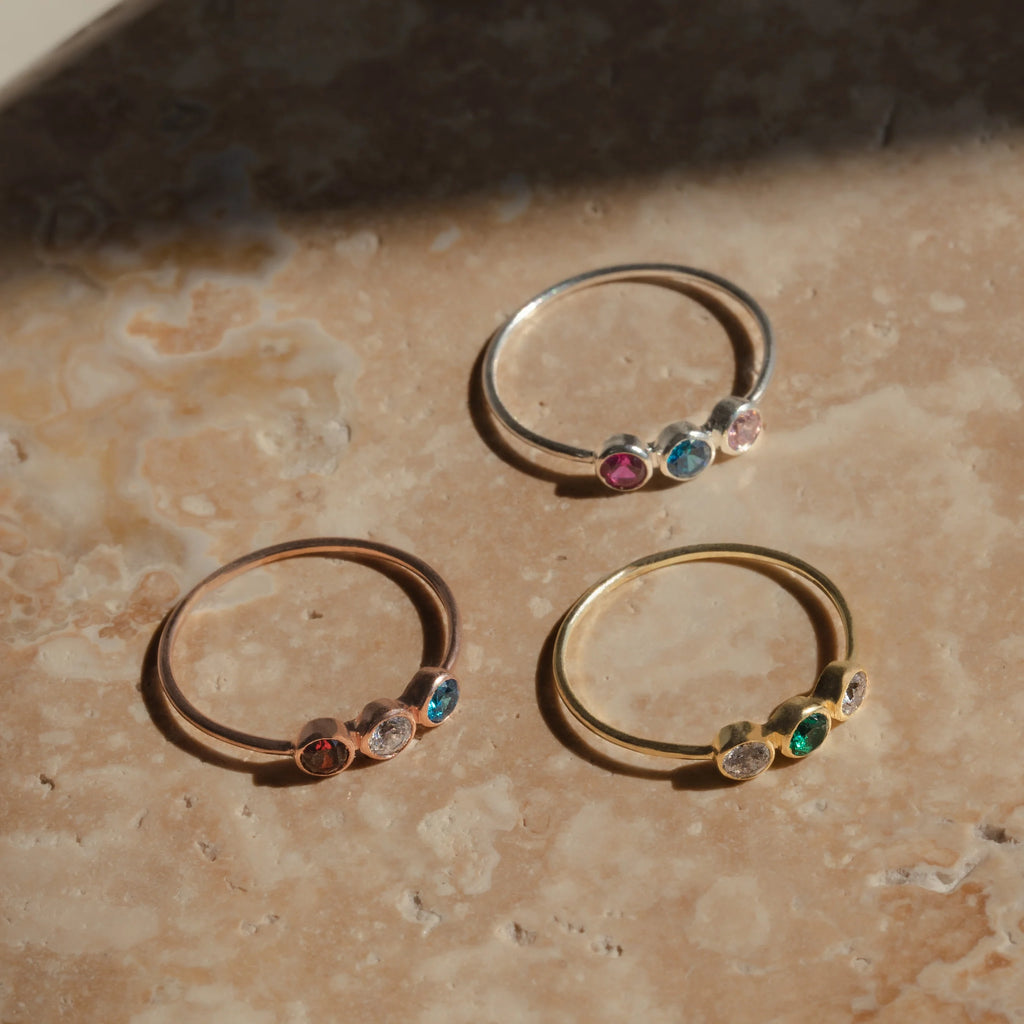 Triple Birthstone Ring Silver 18K Gold Plated