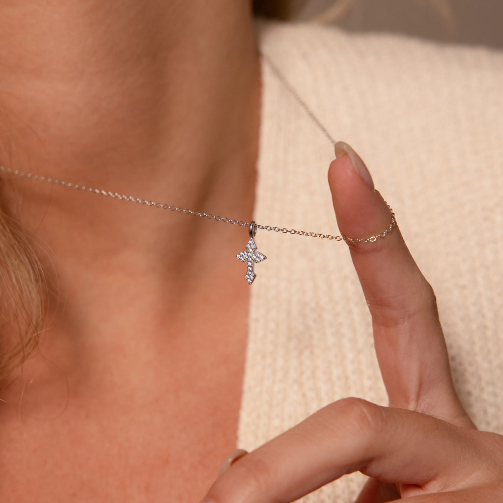 Diamond Vintage Cross Necklace Silver 18K Gold Plated