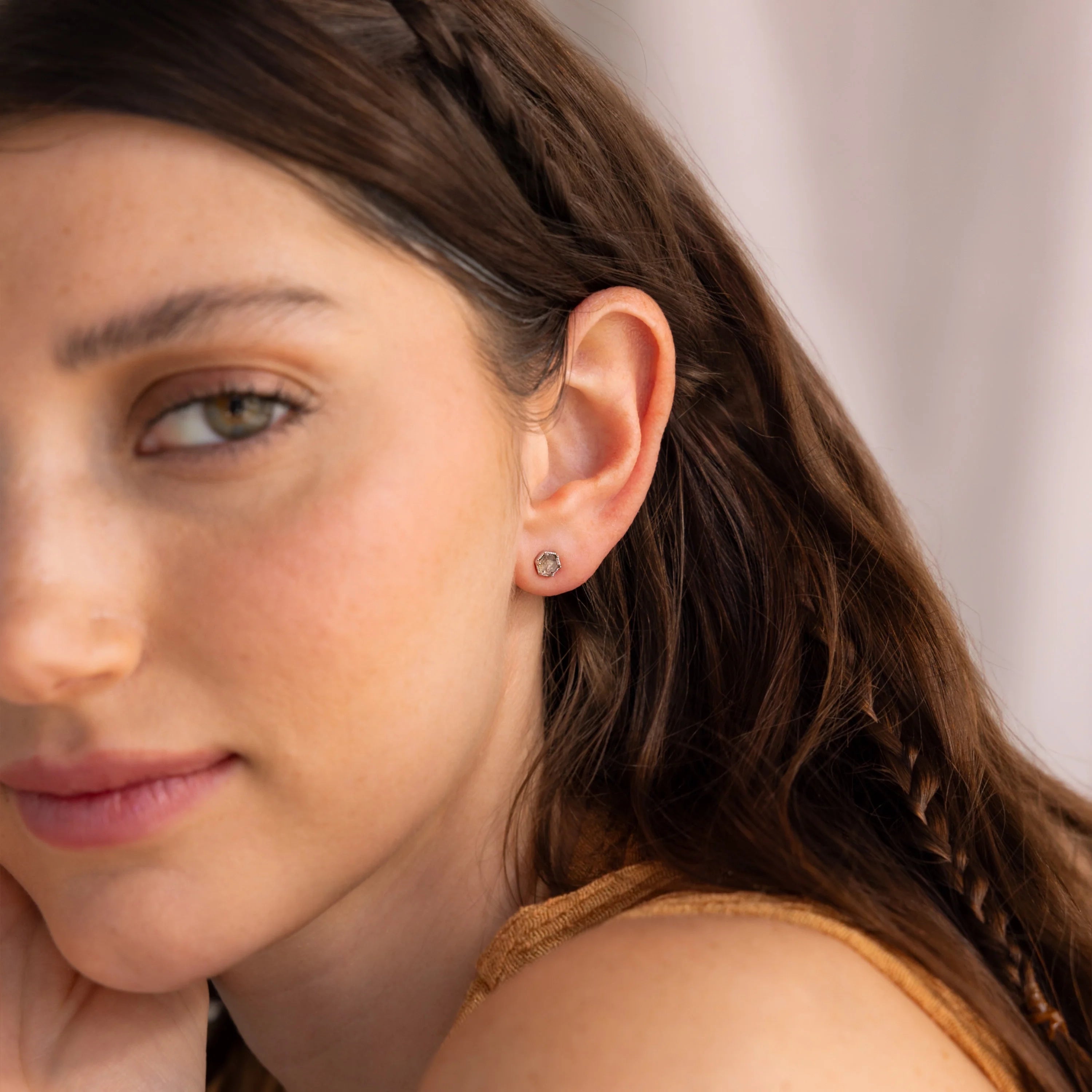 Labradorite Hexagon Studs Silver 18K Gold Plated