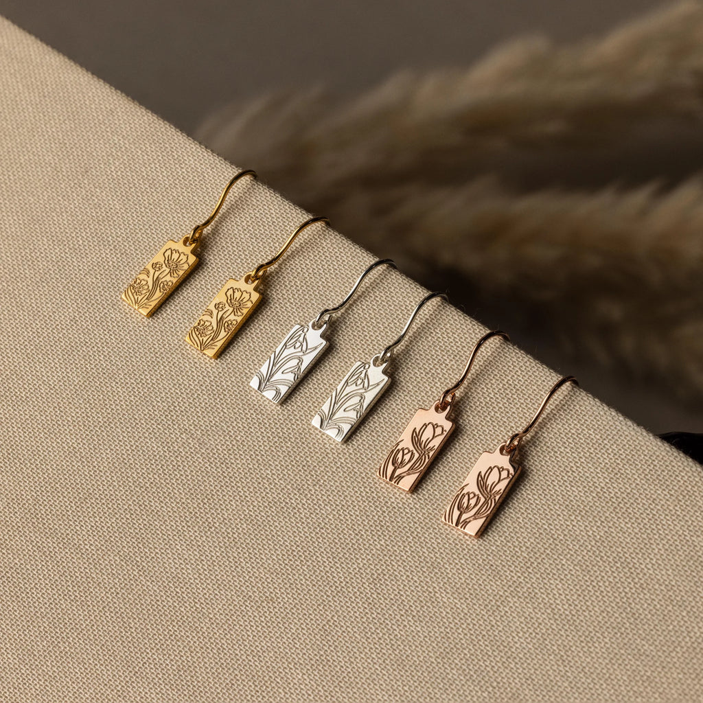 Rectangle Birth Flower Earrings Silver 18K Gold Plated