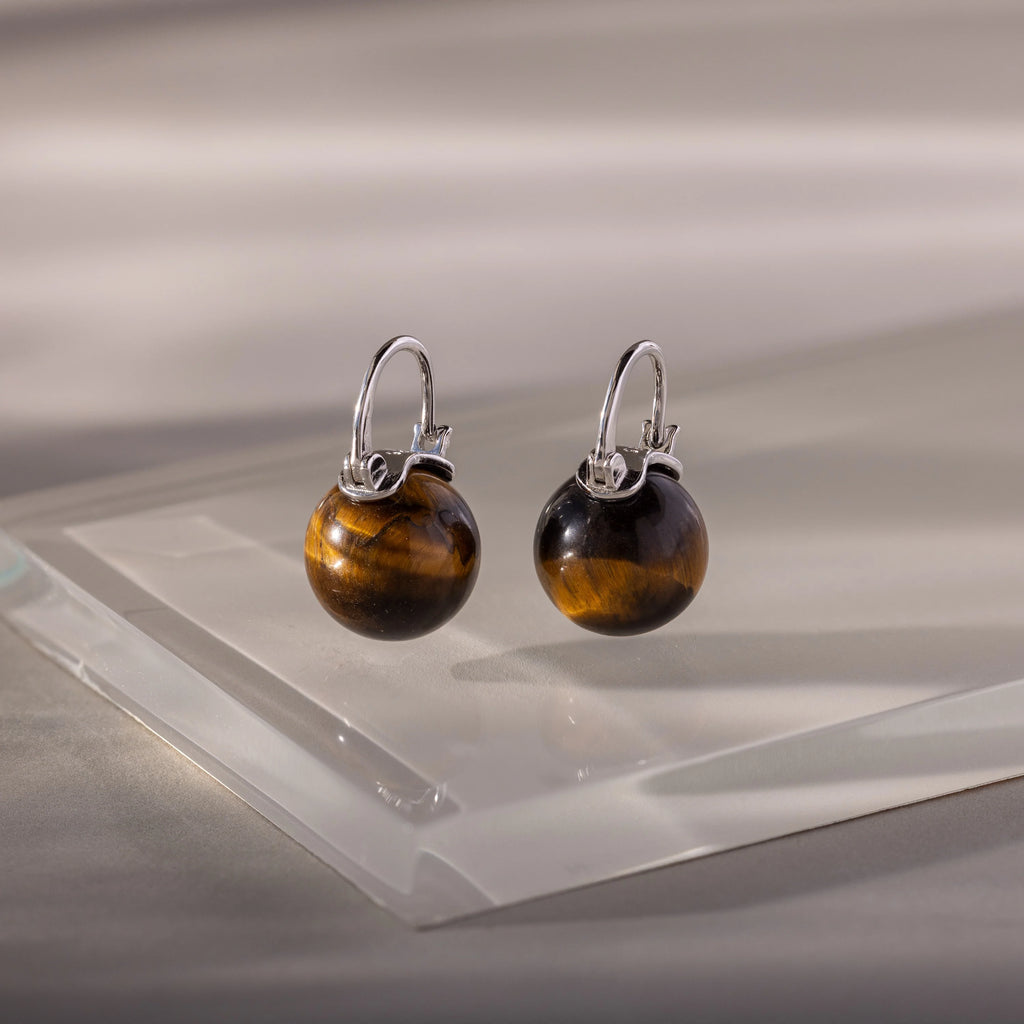 Tiger's Eye Dome Drop Earrings Silver 18K Gold Plated