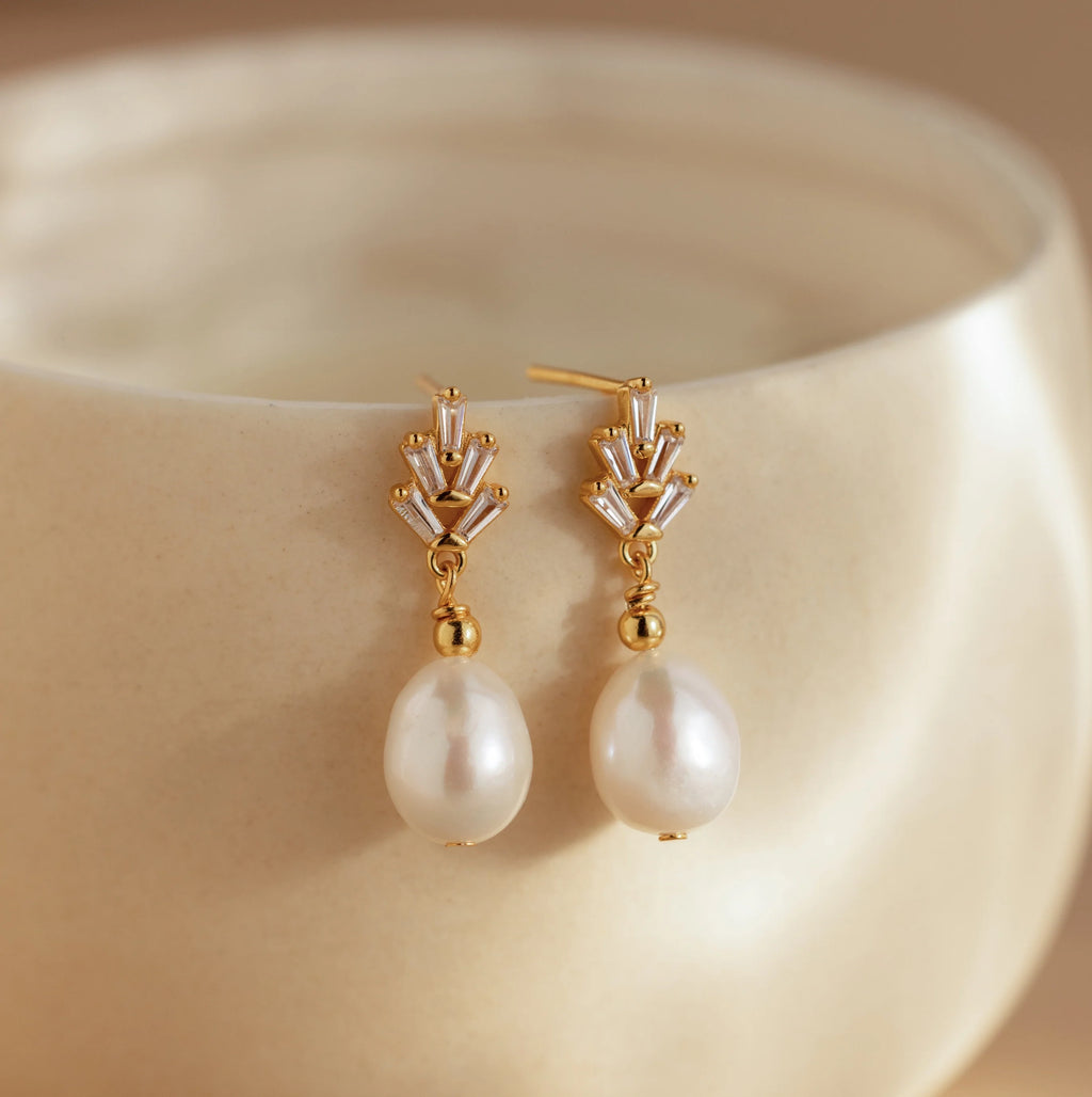Pearl Diamond Drop Earrings Silver 18K Gold Plated