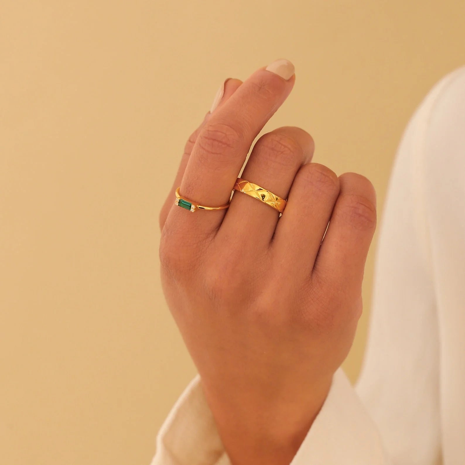 Baguette Cut Emerald Ring Silver 18K Gold Plated