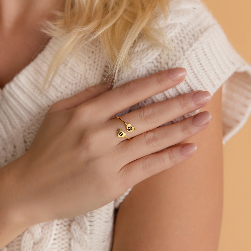 Paw Print Duo Heart Ring Silver 18K Gold Plated