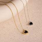 Pave Diamonds Onyx Heart Necklace Silver 18K Gold Plated