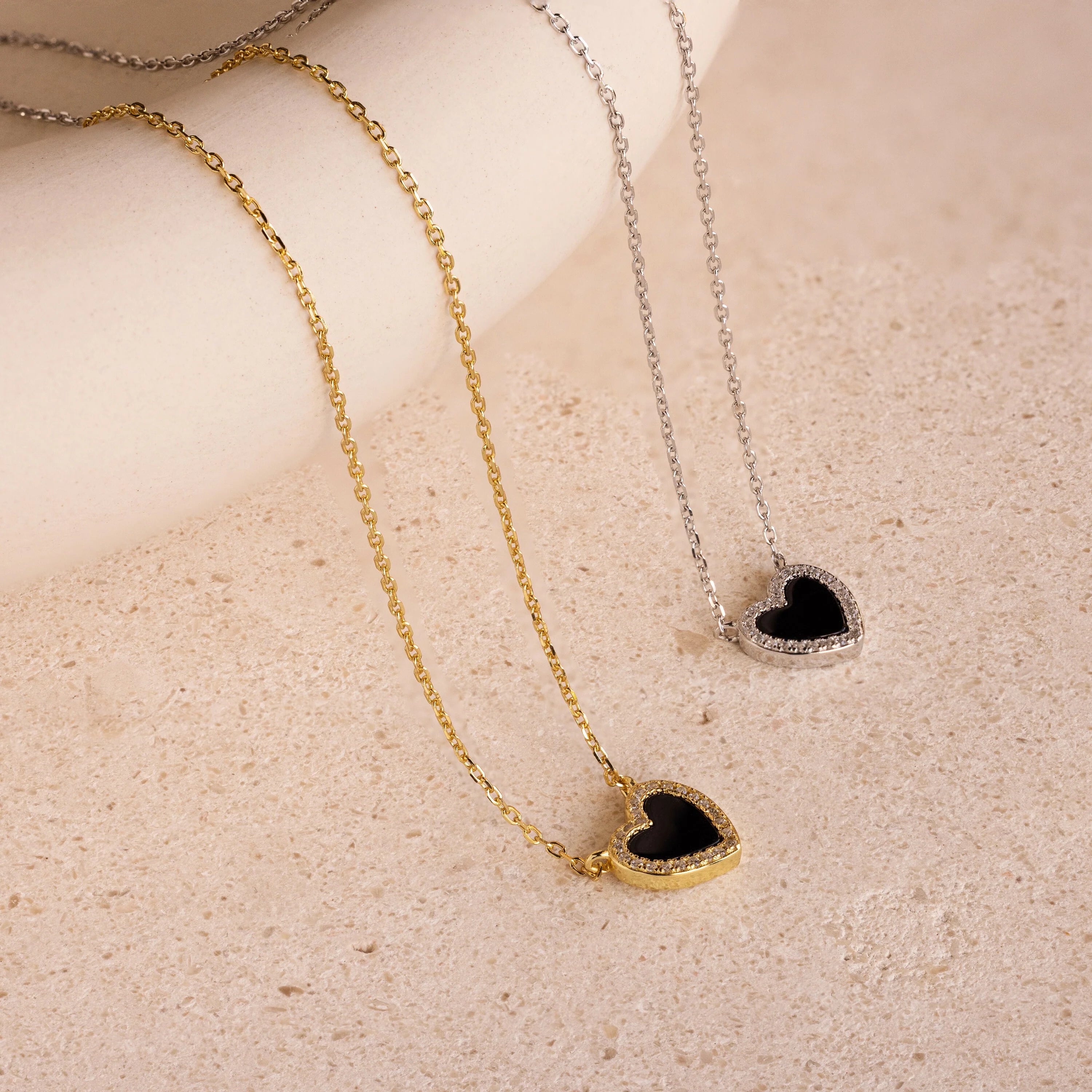Pave Diamonds Onyx Heart Necklace Silver 18K Gold Plated