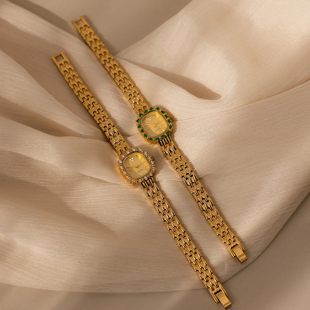 Pave Blossom Timepiece in Emerald Silver 18K Gold Plated