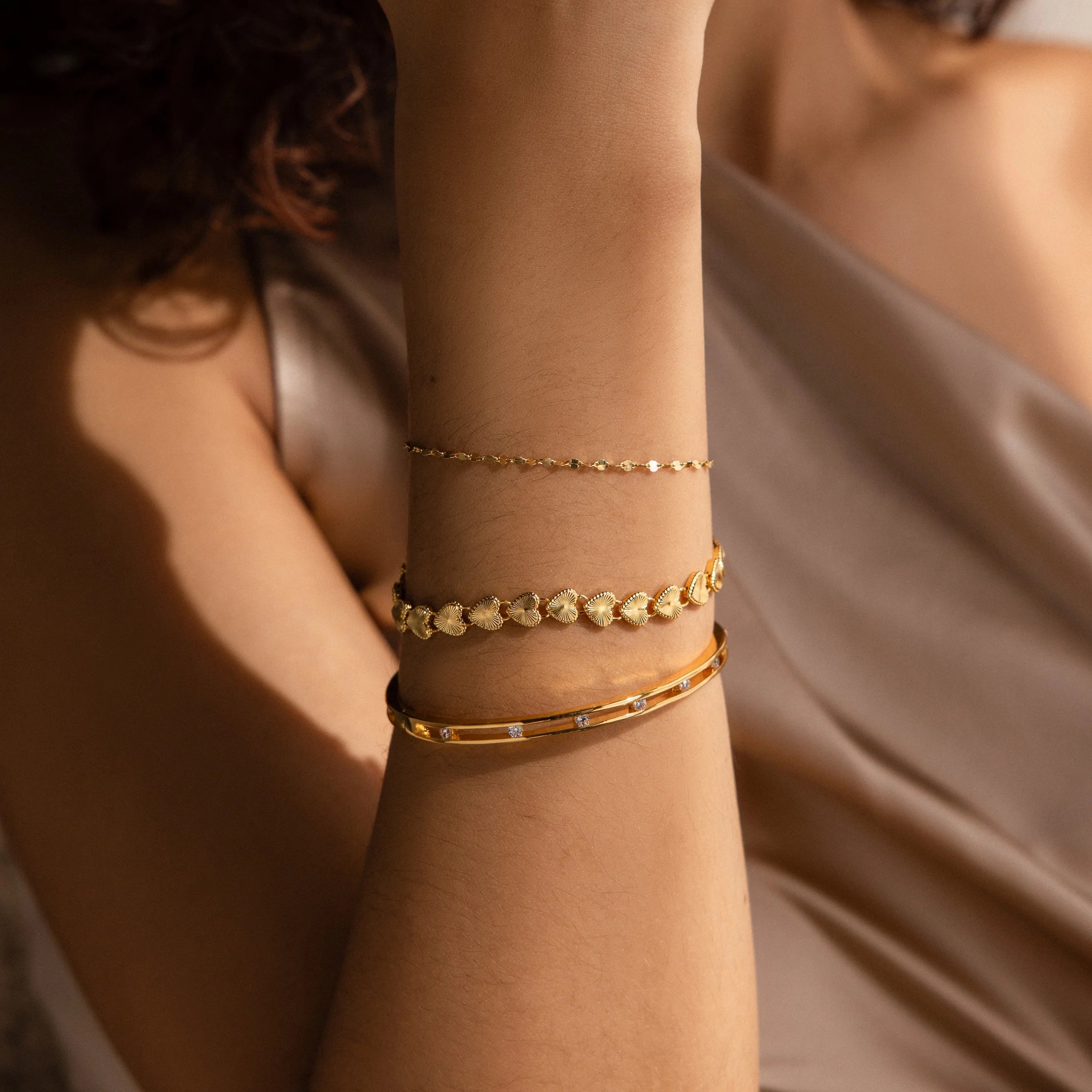 Ribbed Heart Link Bracelet Silver 18K Gold Plated