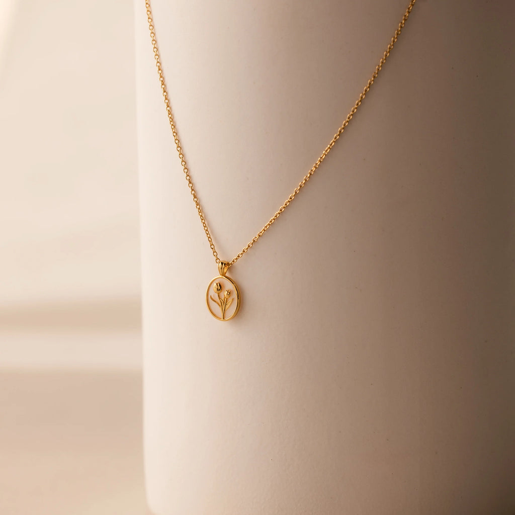 Pearl Tulip Pendant Necklace Silver 18K Gold Plated