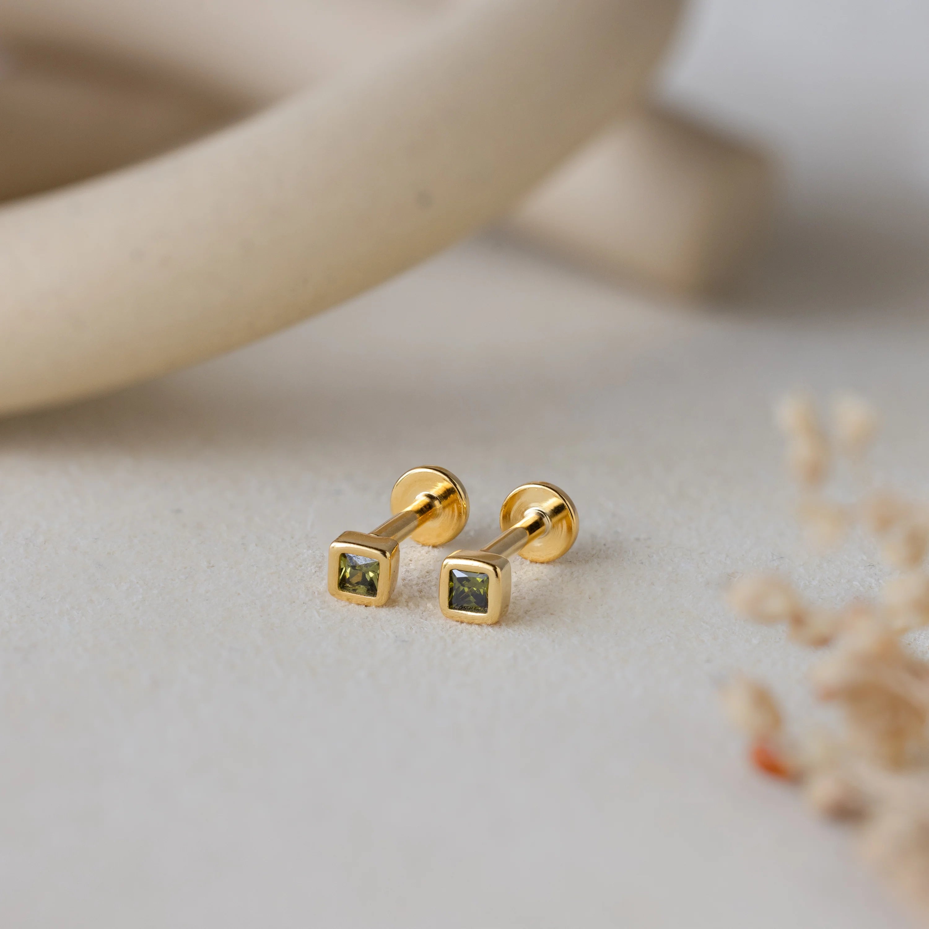 Square Bezel Peridot Flatback Studs Silver 18K Gold Plated