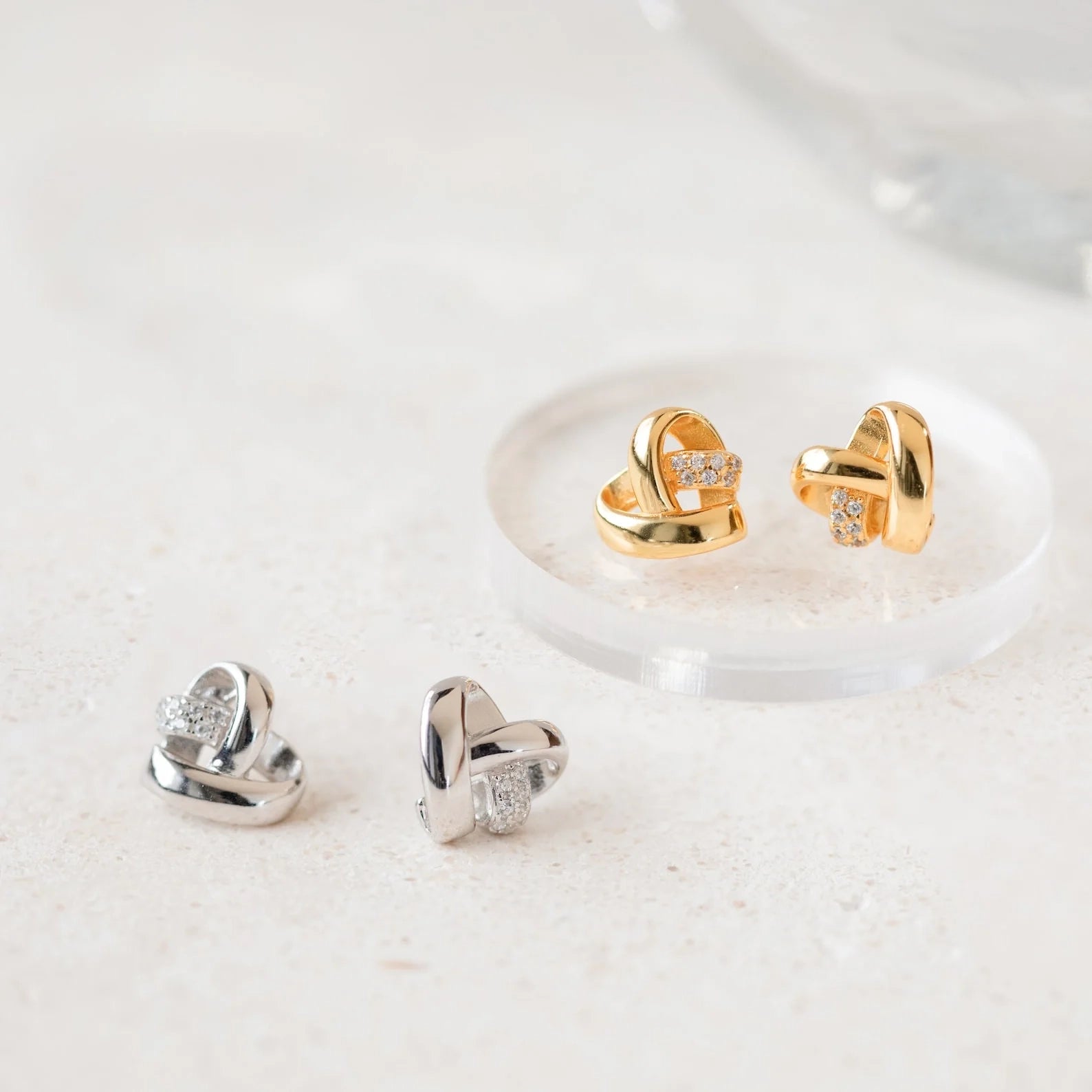 Heart Charm Knot Studs Silver 18K Gold Plated