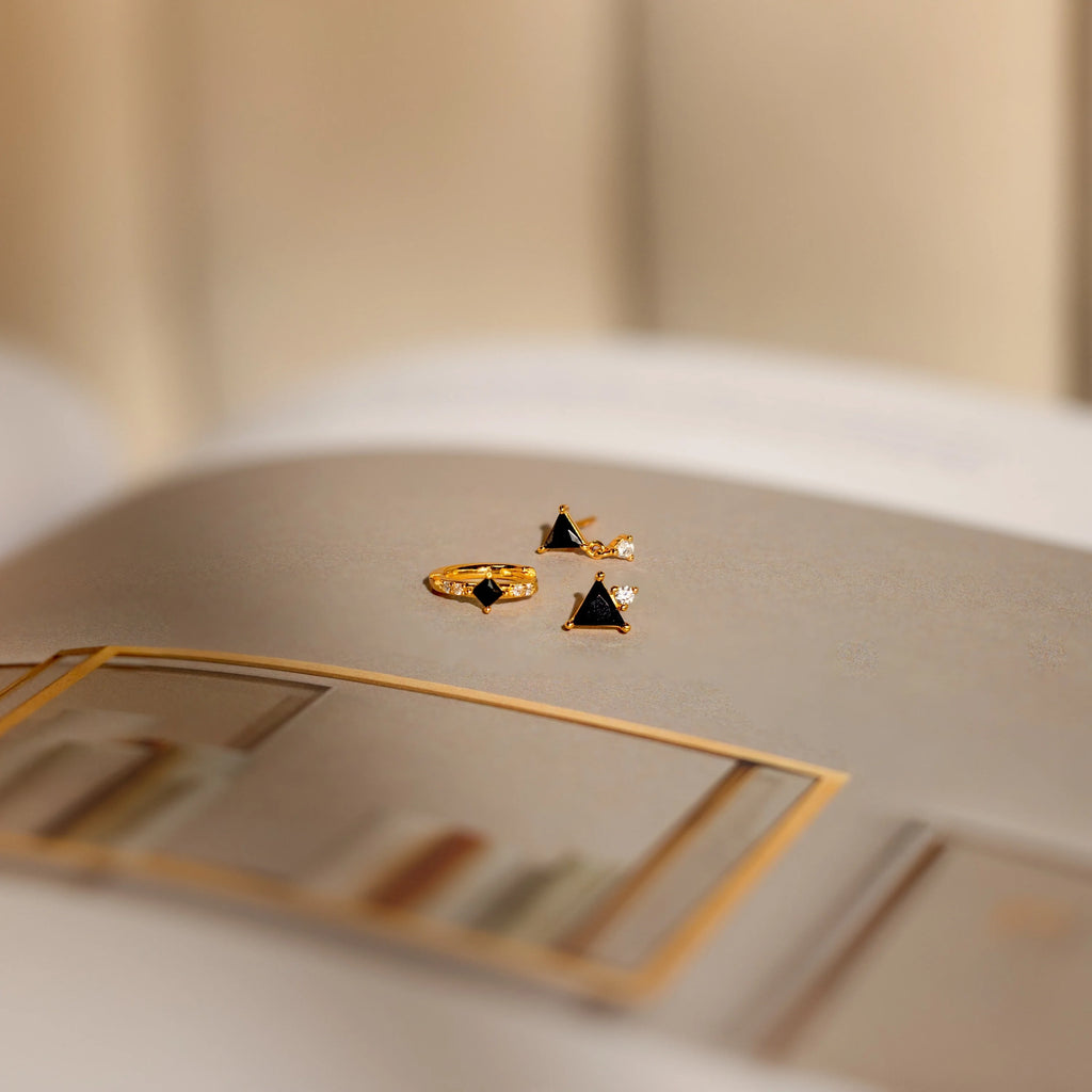 Diamond Black Art Deco Earrings Set Silver 18K Gold Plated