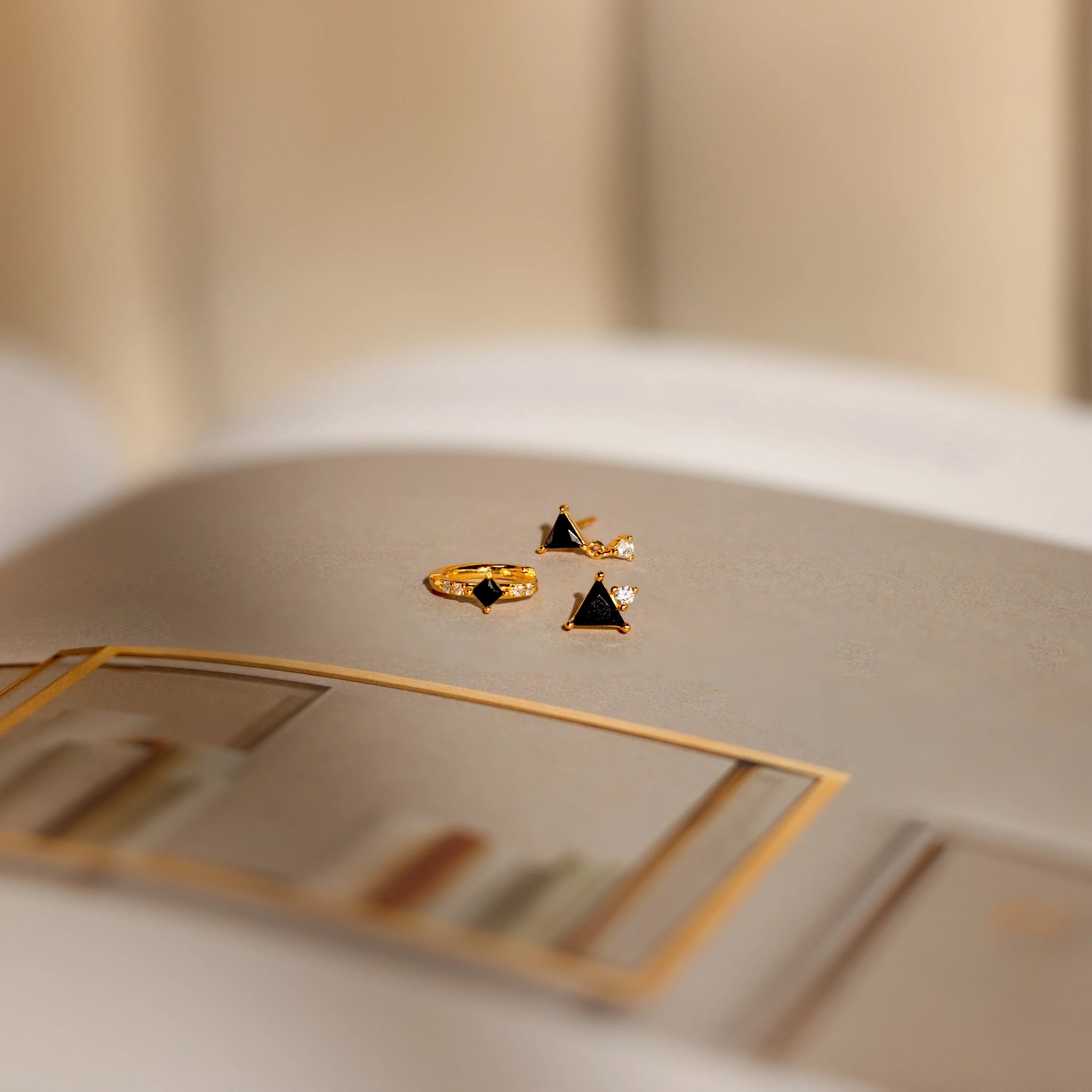 Diamond Black Art Deco Earrings Set Silver 18K Gold Plated