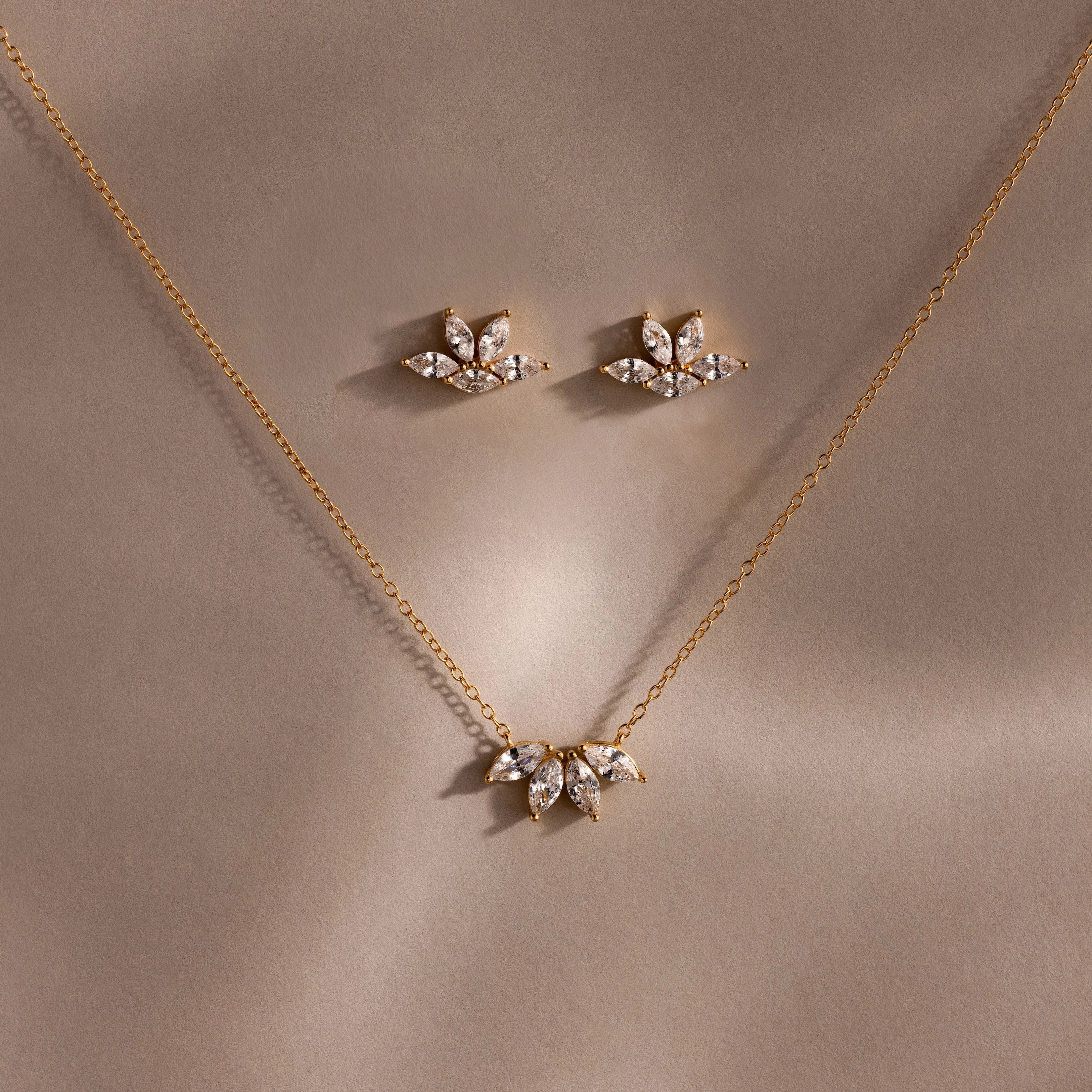 Marquise Diamond Necklace & Earrings Set Silver 18K Gold Plated