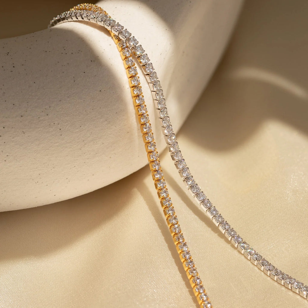 Diamond Tennis Necklace & Bracelet Set Silver 18K Gold Plated