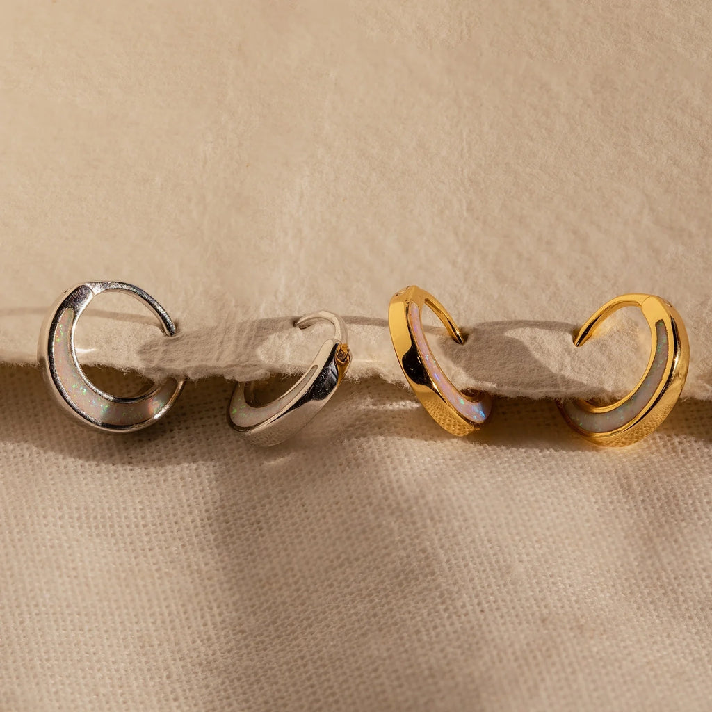 Crescent Moon Opal Huggies Silver 18K Gold Plated