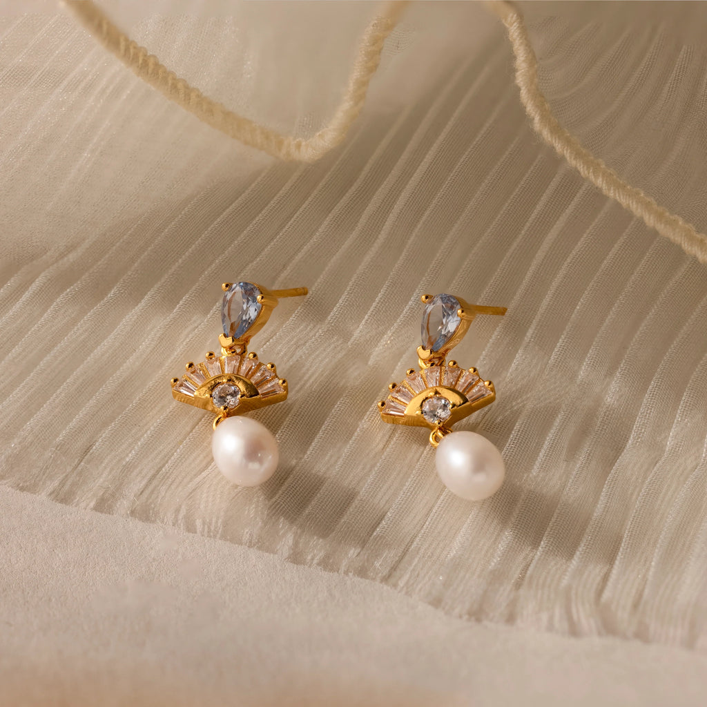 Diamond Aquamarine Pearl Drop Earrings Silver 18K Gold Plated