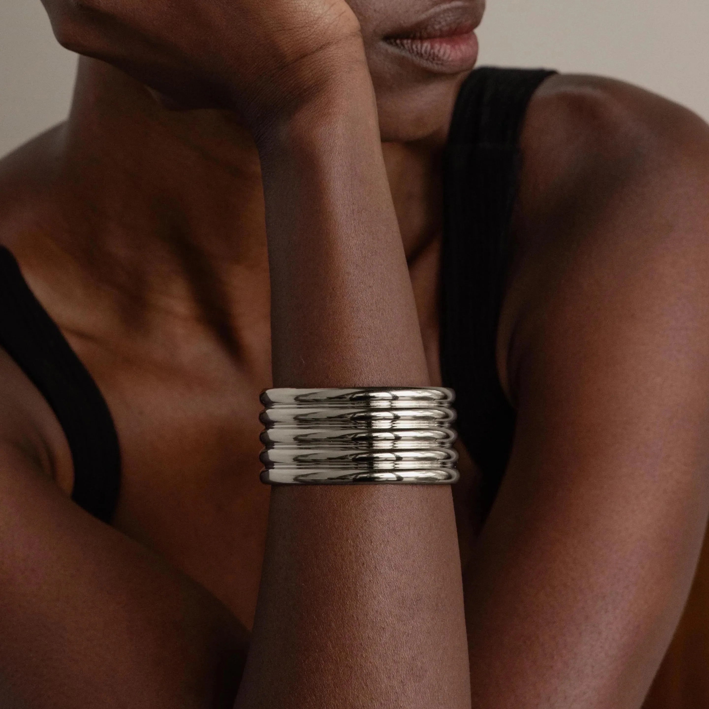 Ribbed Cuff Bracelet Silver 18K Gold Plated