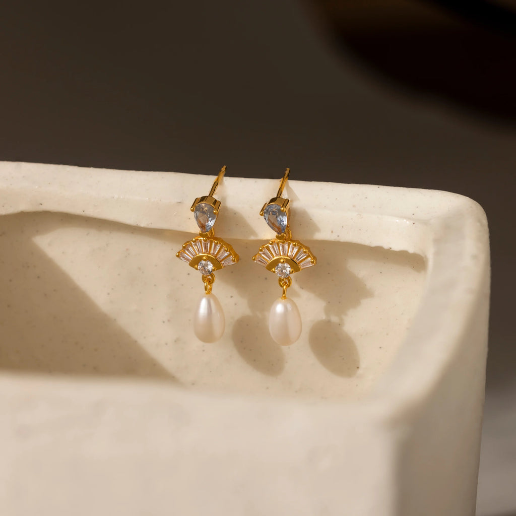 Diamond Aquamarine Pearl Drop Earrings Silver 18K Gold Plated