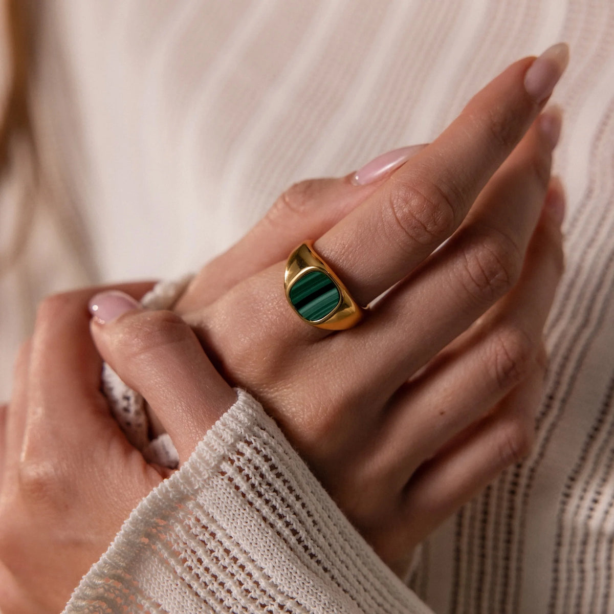 Malachite Signet Ring Silver 18K Gold Plated