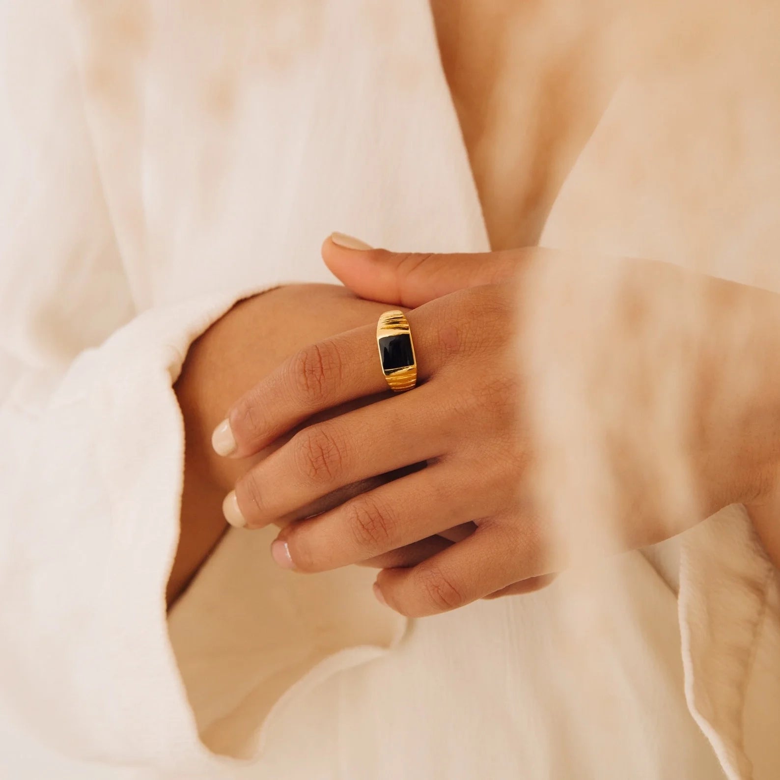 Black Enamel Signet Ring Silver 18K Gold Plated