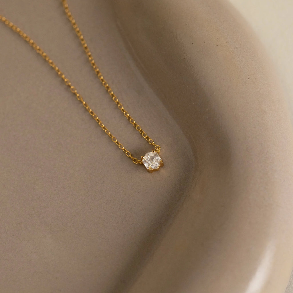 Hexagonal Diamond Charm Necklace Silver 18K Gold Plated