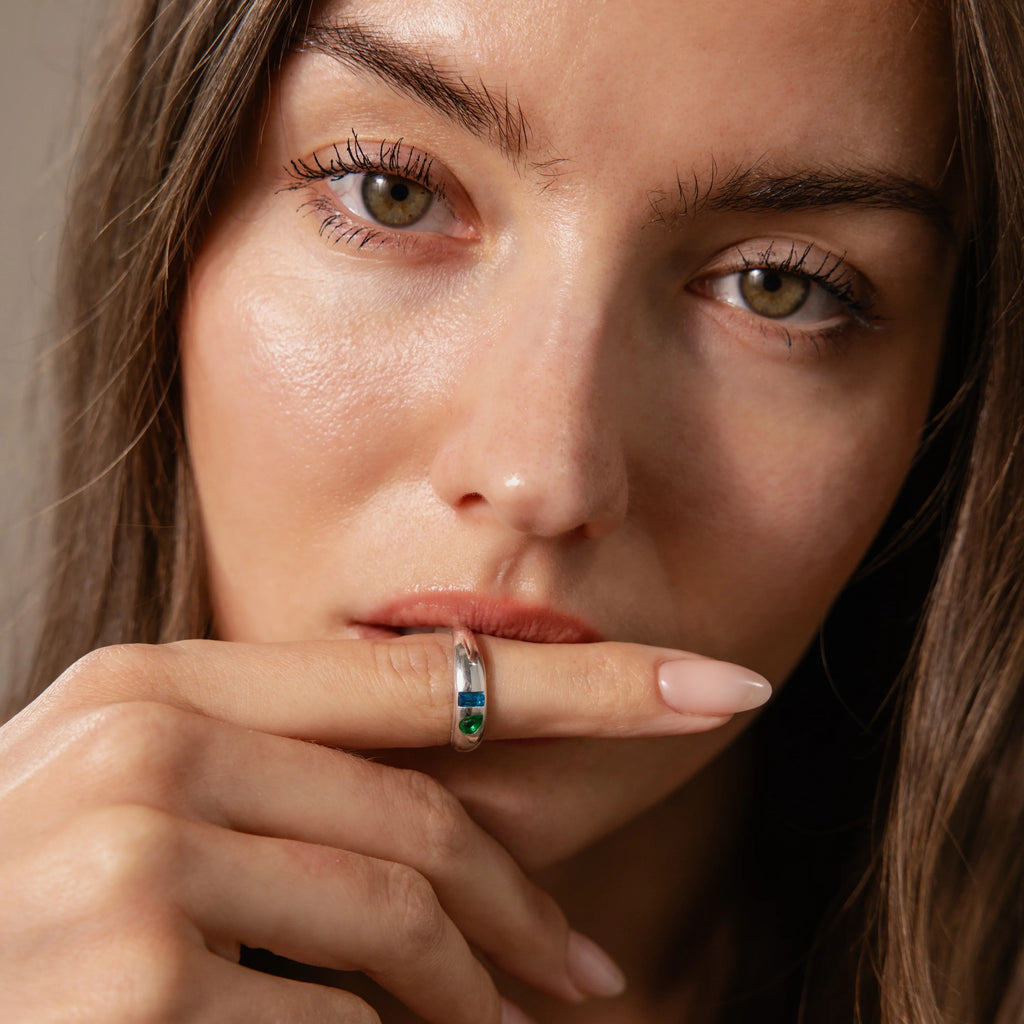 Toi et Moi Pear-Baguette Cut Dome Ring Silver 18K Gold Plated
