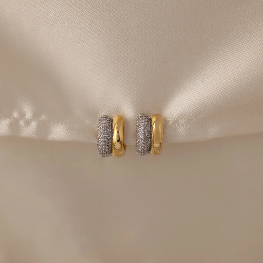 Diamond Duo Mixed Metal Pave Huggies Silver 18K Gold Plated